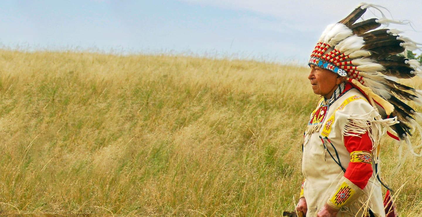 A Native American individual in a headdress looks out over grasslands in South Dakota