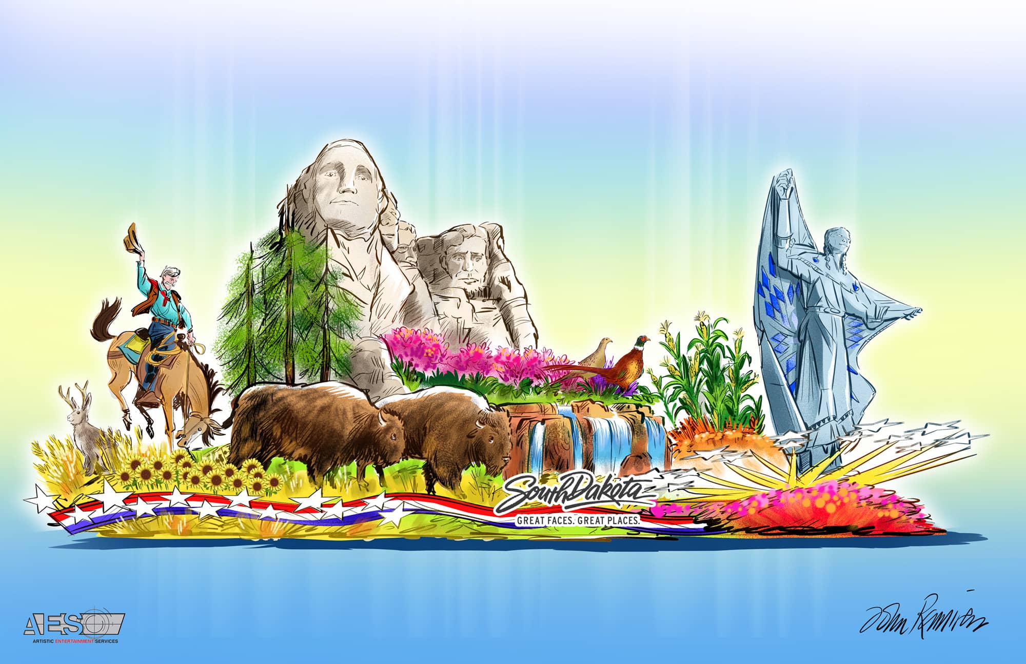 Rendering of a Rose Parade float featuring iconic locations in South Dakota