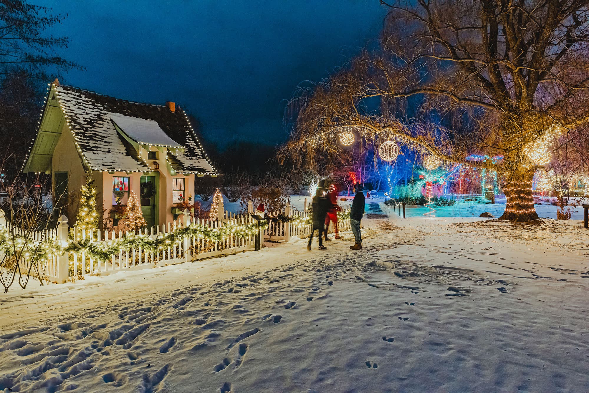 Visitors enjoy lighted trees and houses at McCrory Gardens' Garden Glow event.
