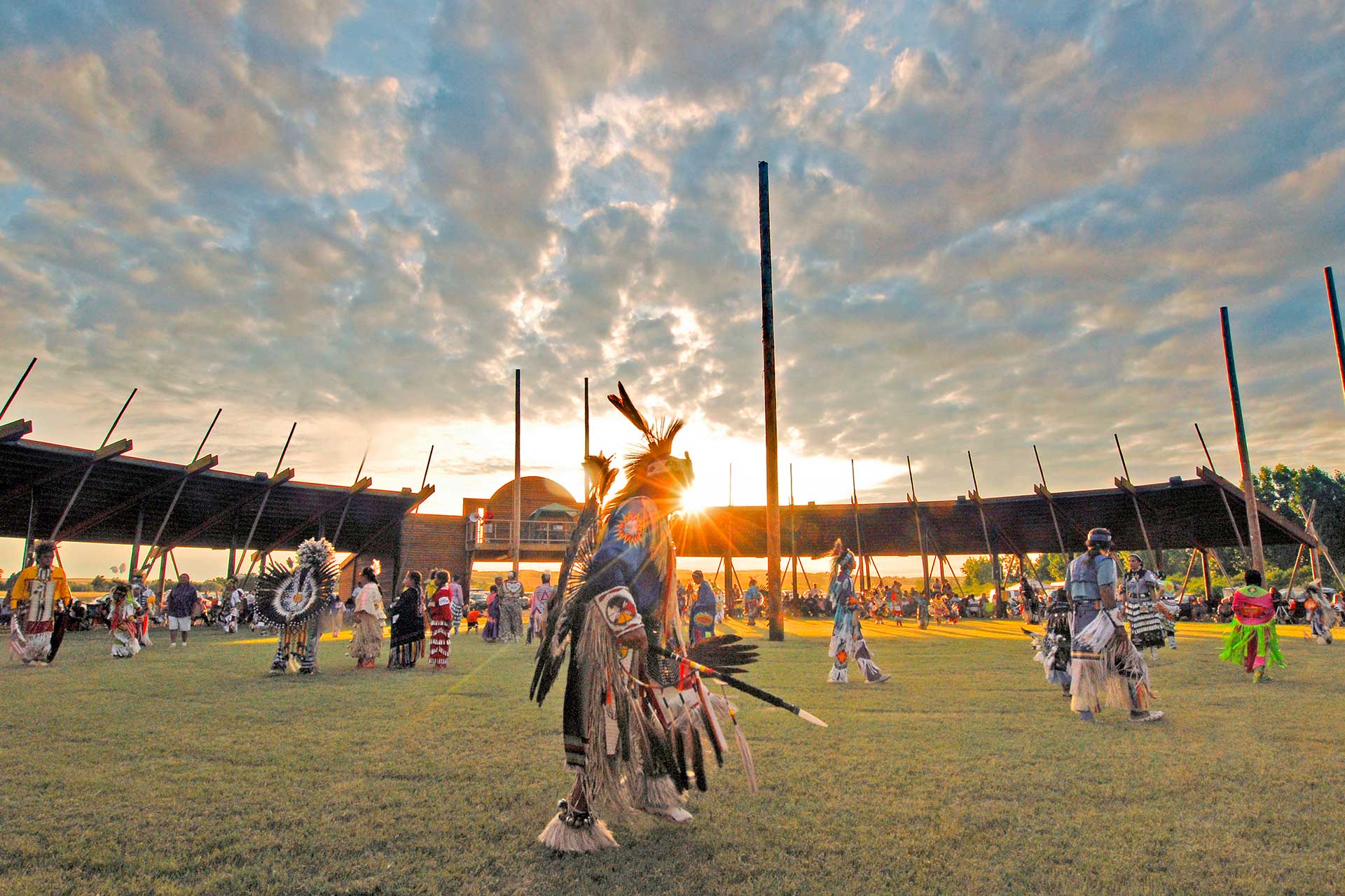 Native dancers in full regalia at a powwow in central South Dakota