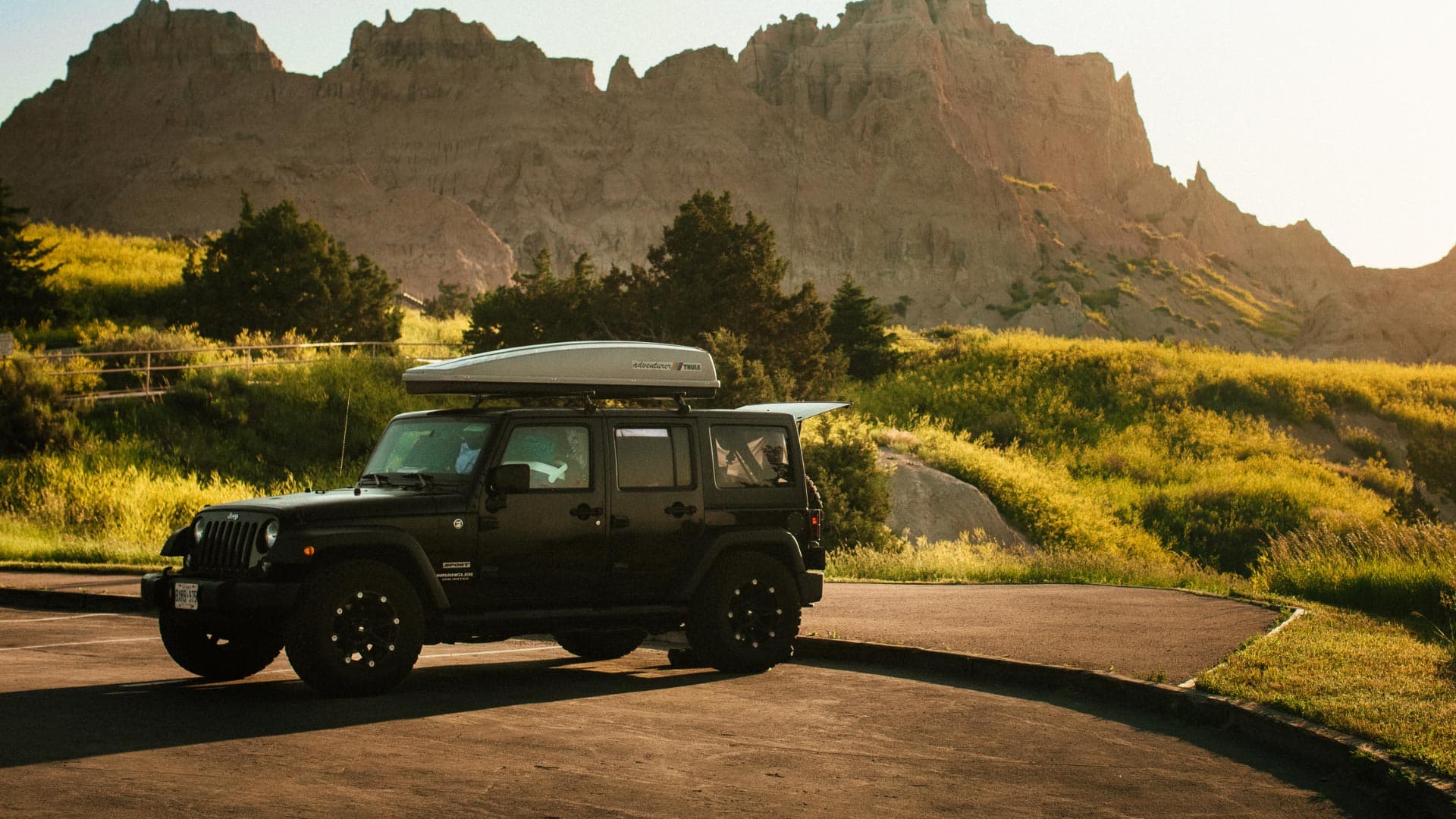 Jeep with Camp Gear on top in South Dakota