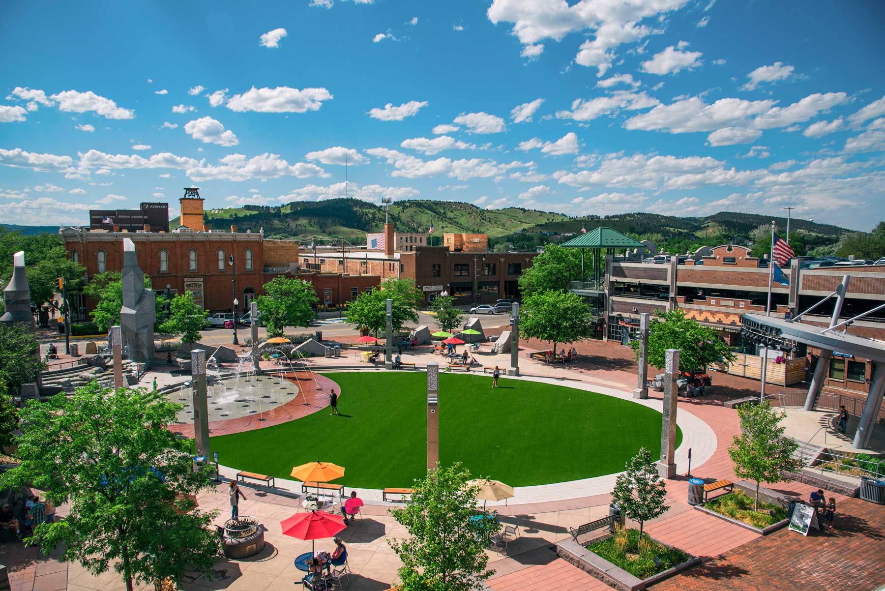 Aerial view of Main Street Square in the summer