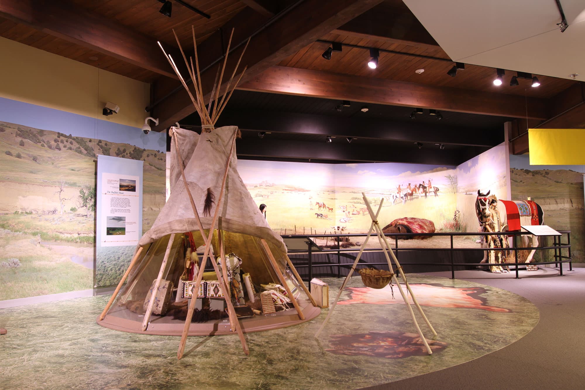 An Indigenous tipi and other objects on display at Akta Lakota Museum & Cultural Center. Chamberlain, South Dakota.