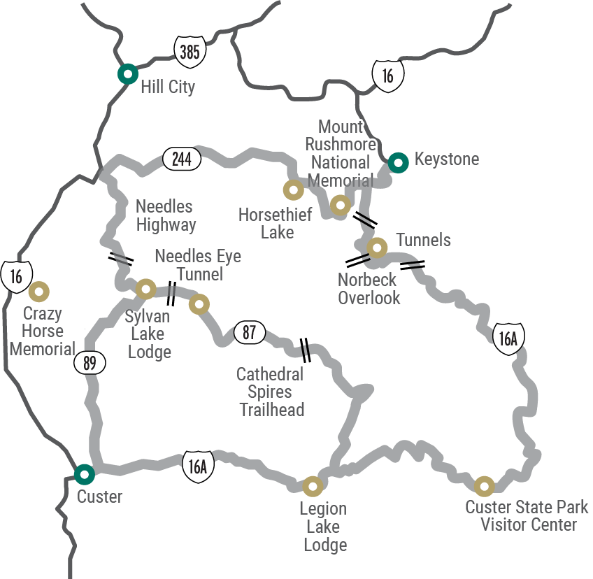 Rough geographical map of Peter Norbeck Scenic Byway