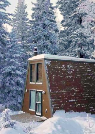 A vintage A-Frame Cabin tucked in the snow-clad Black HIlls during winter