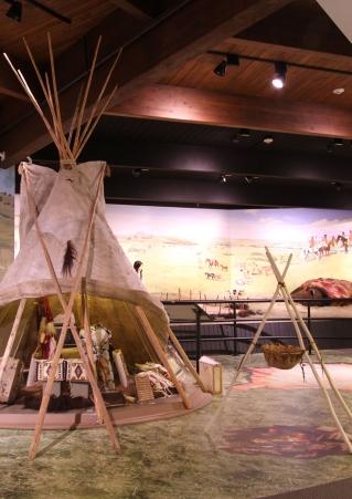An Indigenous tipi and other objects on display at Akta Lakota Museum & Cultural Center. Chamberlain, South Dakota.