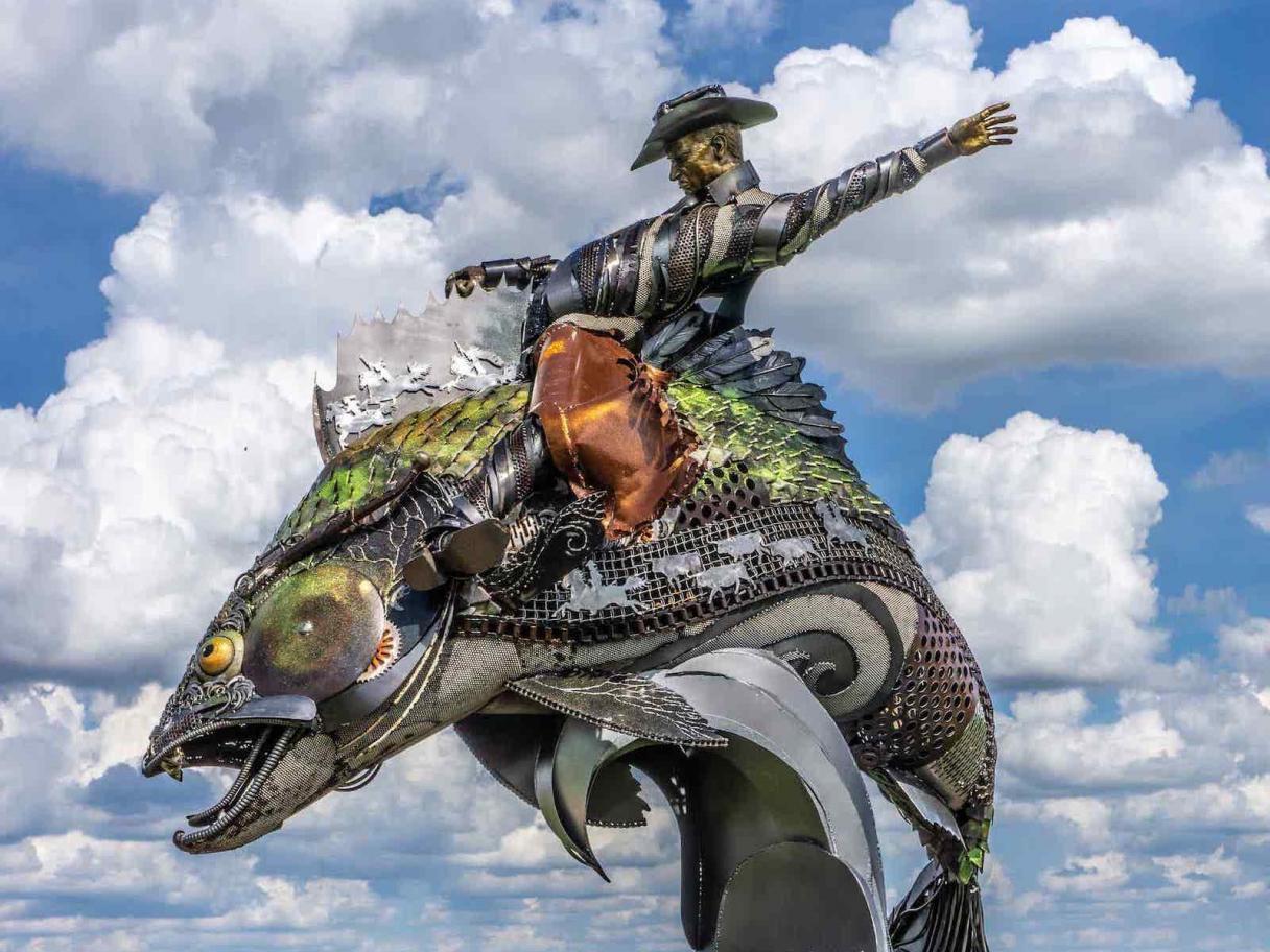 Walleye Up statue (cowboy riding a walleye fish)