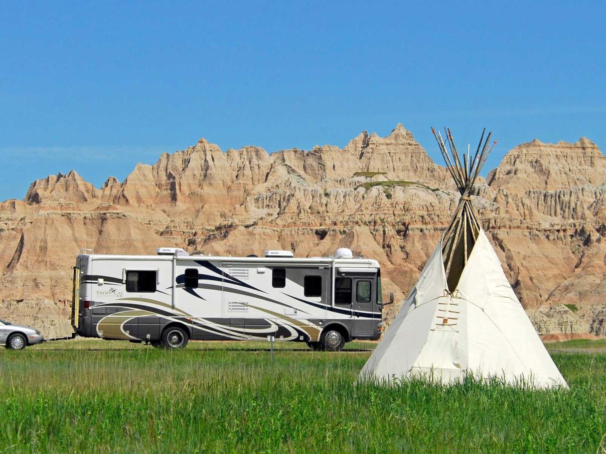RV driving through the Badlands