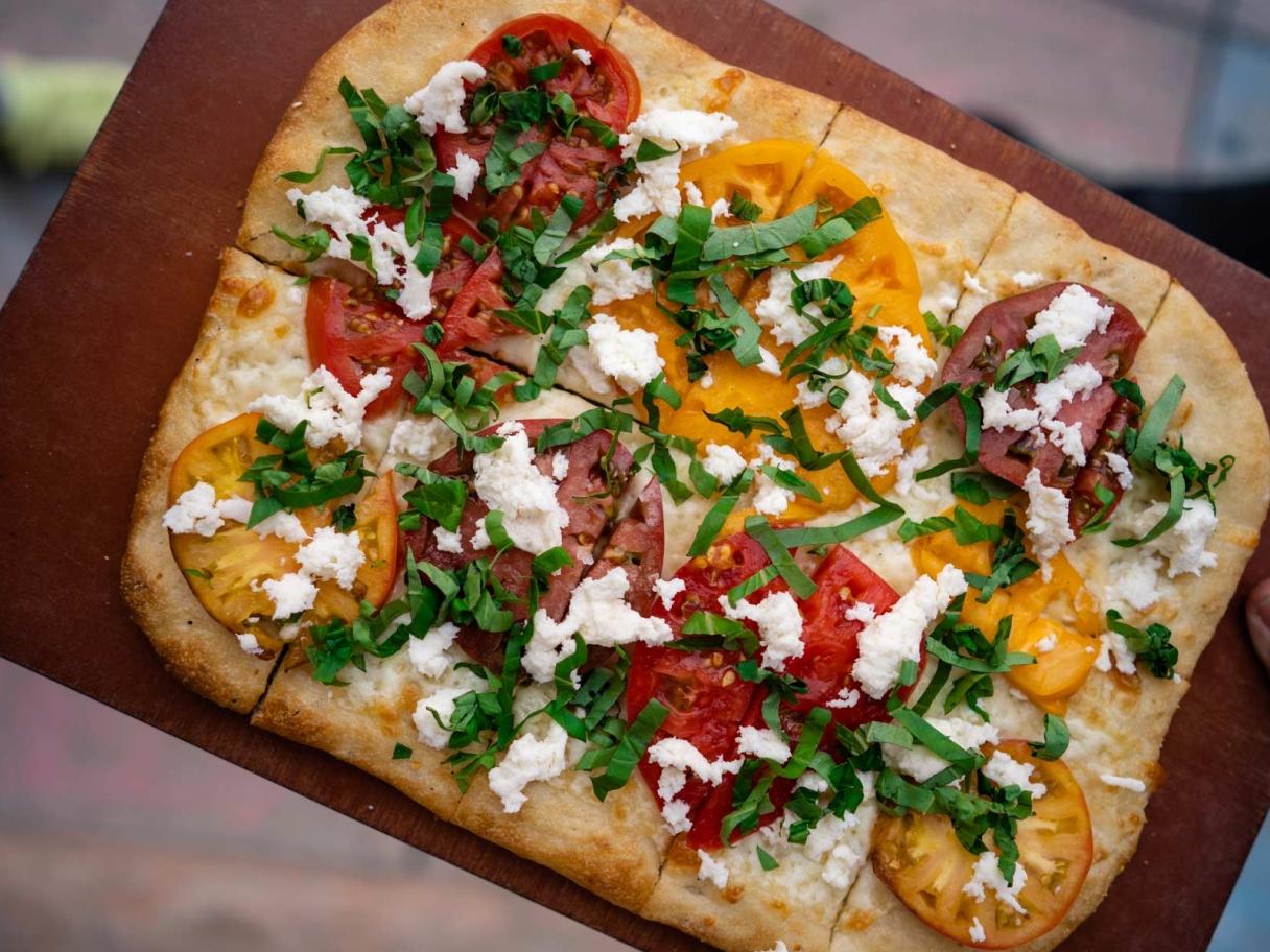 Rectangular pizza with fresh ingredients