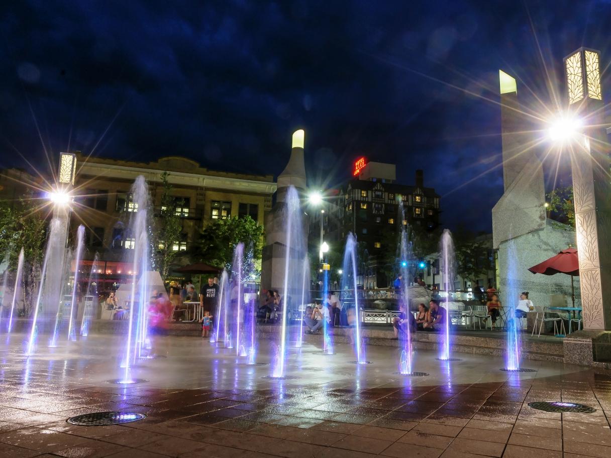 Main Street Square fountains at night