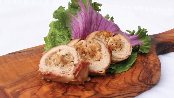 Bacon wrapped stuffed phesant