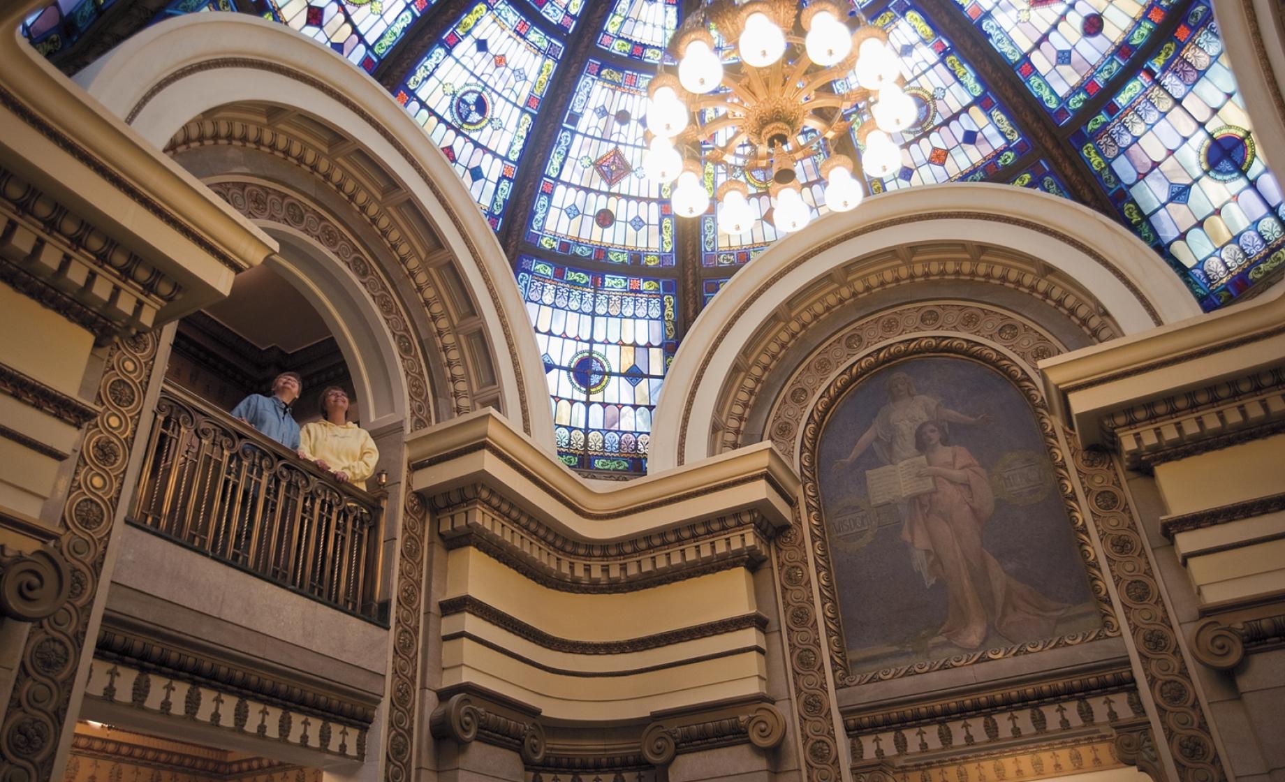 Beautiful stained glass adorns the ceiling of the Codington County courthouse.