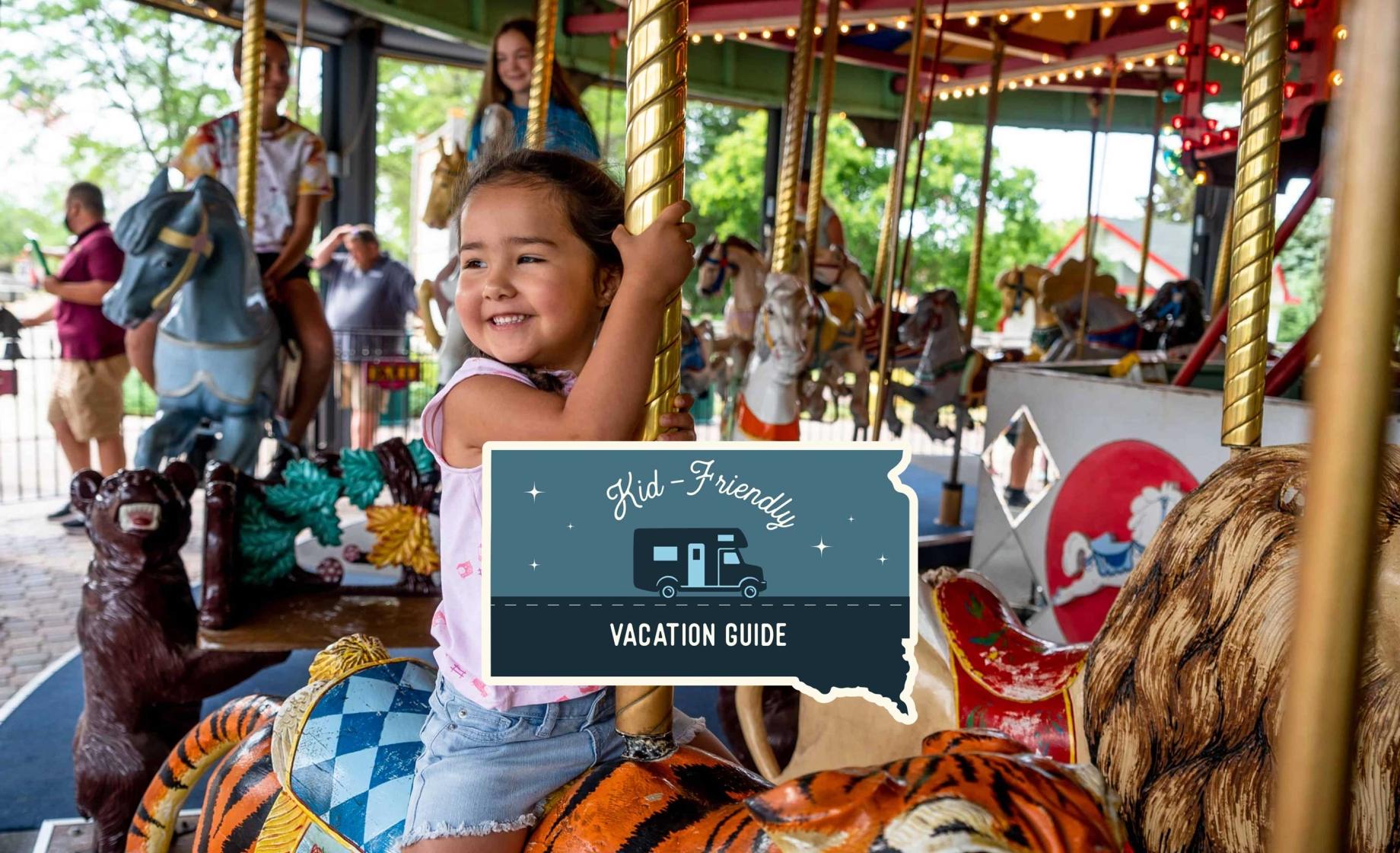 Little girl on carousel with Kid-Friendly Vacation Guide Icon overlaid