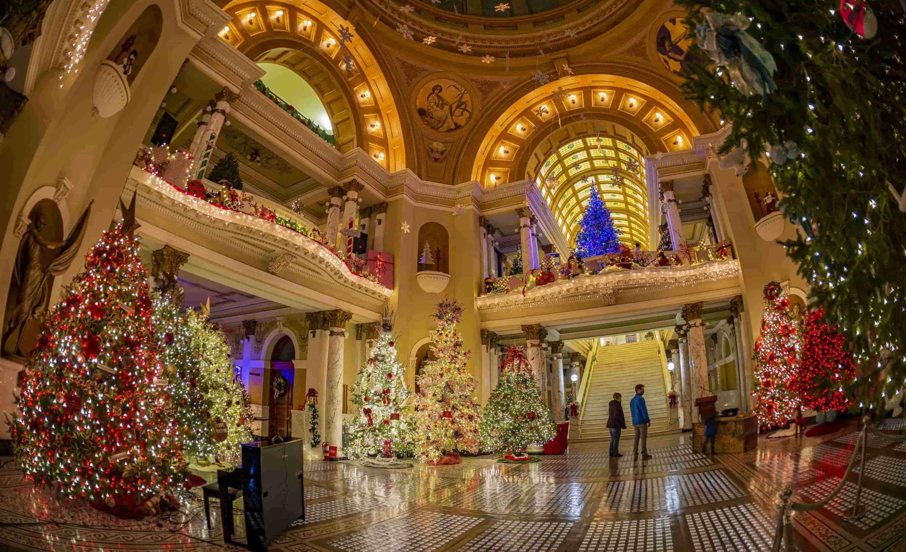 Lit holiday trees in the Capitol rotunda during Christmas at the Capitol