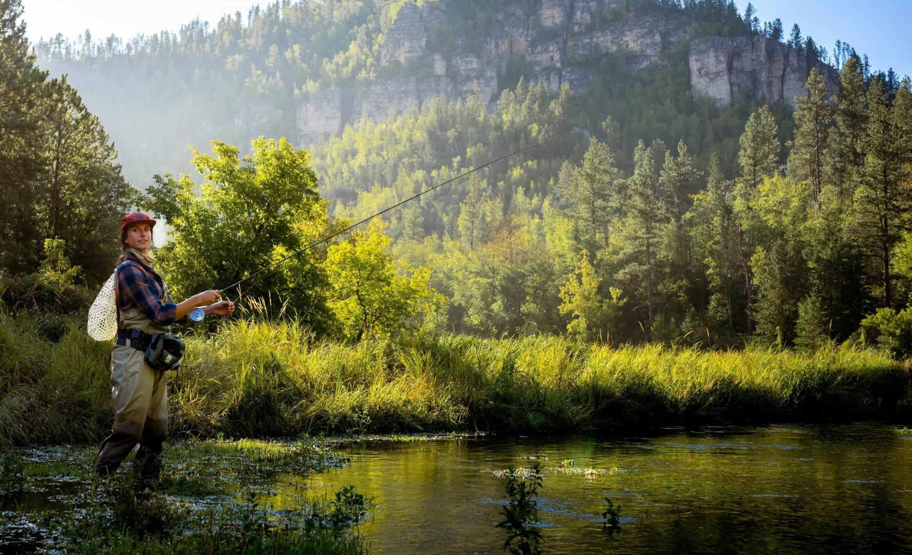 A woman stands in water while fly fishing amongst green trees, a bright sun, and the Black Hills of South Dakota