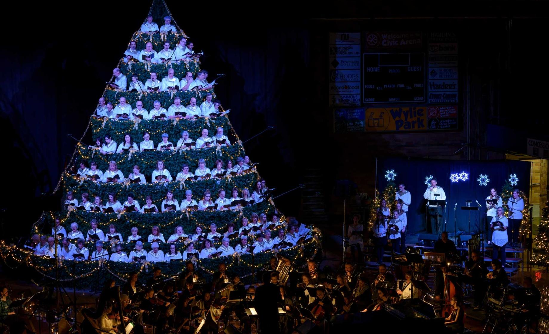 Choral singers arranged in the shape of a Christmas Tree surrounded by other singers and an orchestra at the Living Christmas Tree concert