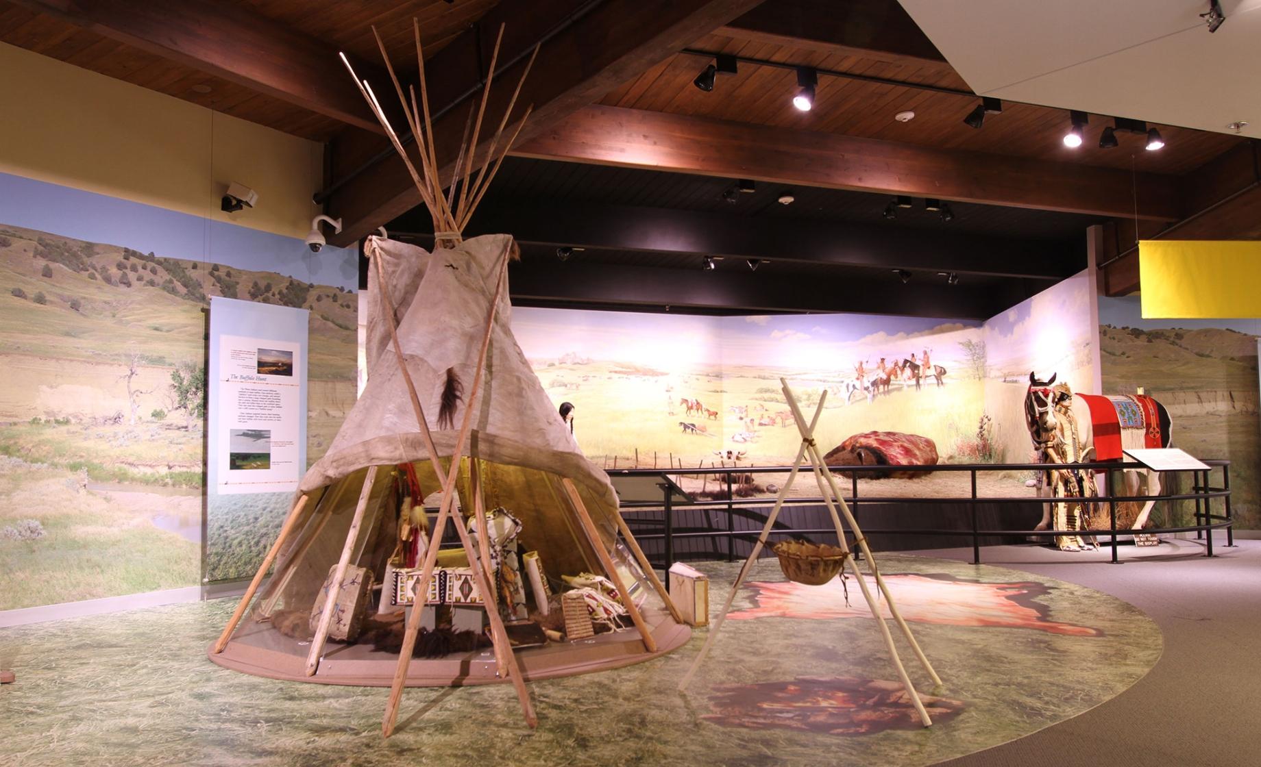 An Indigenous tipi and other objects on display at Akta Lakota Museum & Cultural Center. Chamberlain, South Dakota.