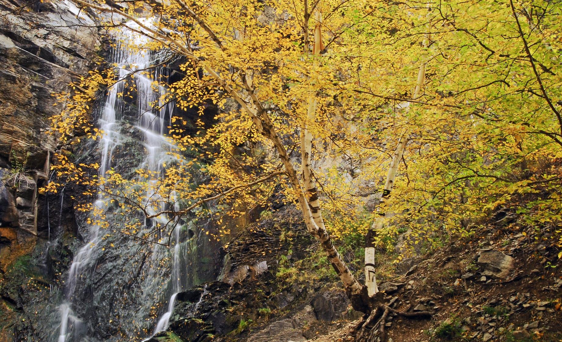 Yellow leaves frame Bridal Veil Falls in Spearfish Canyon.