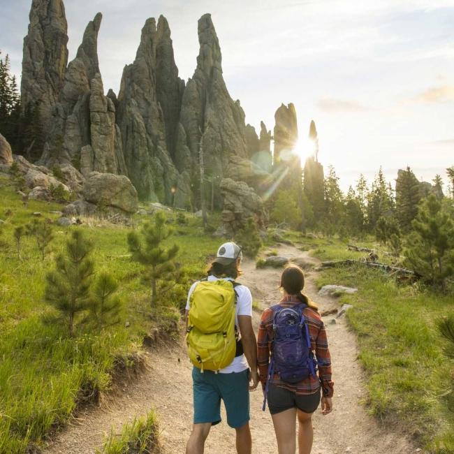 Couple hiking to Hill City’s Cathedral Spires