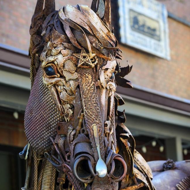 "Iron Star," a sculpture of a horse made of scrap metal.