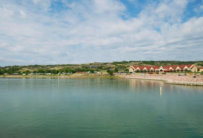 View of Cedar Shore resort over the water