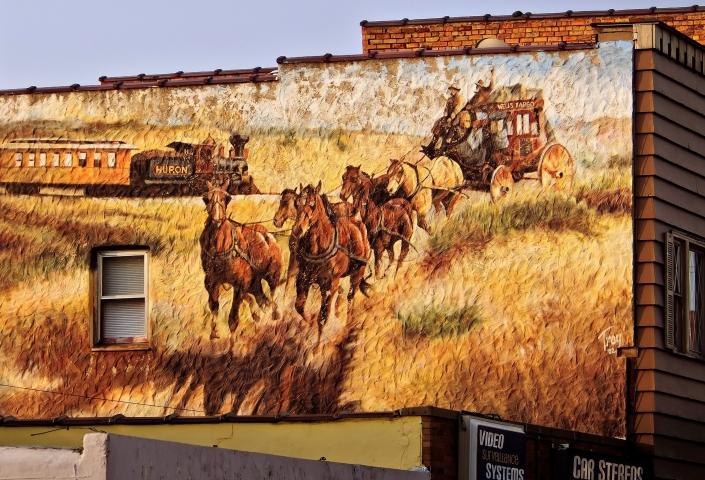Horses with buggy mural in downtown Huron