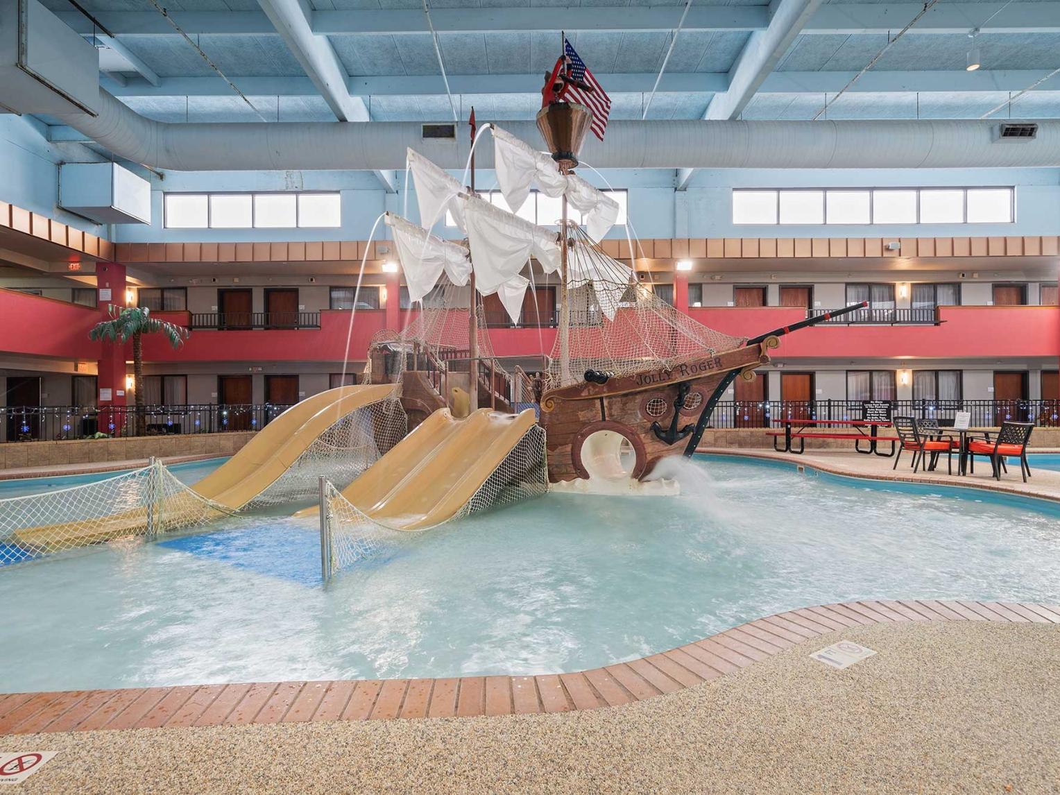 A pirate ship with slides at the indoor water park at the Ramada Sioux Falls. Sioux Falls, South Dakota.
