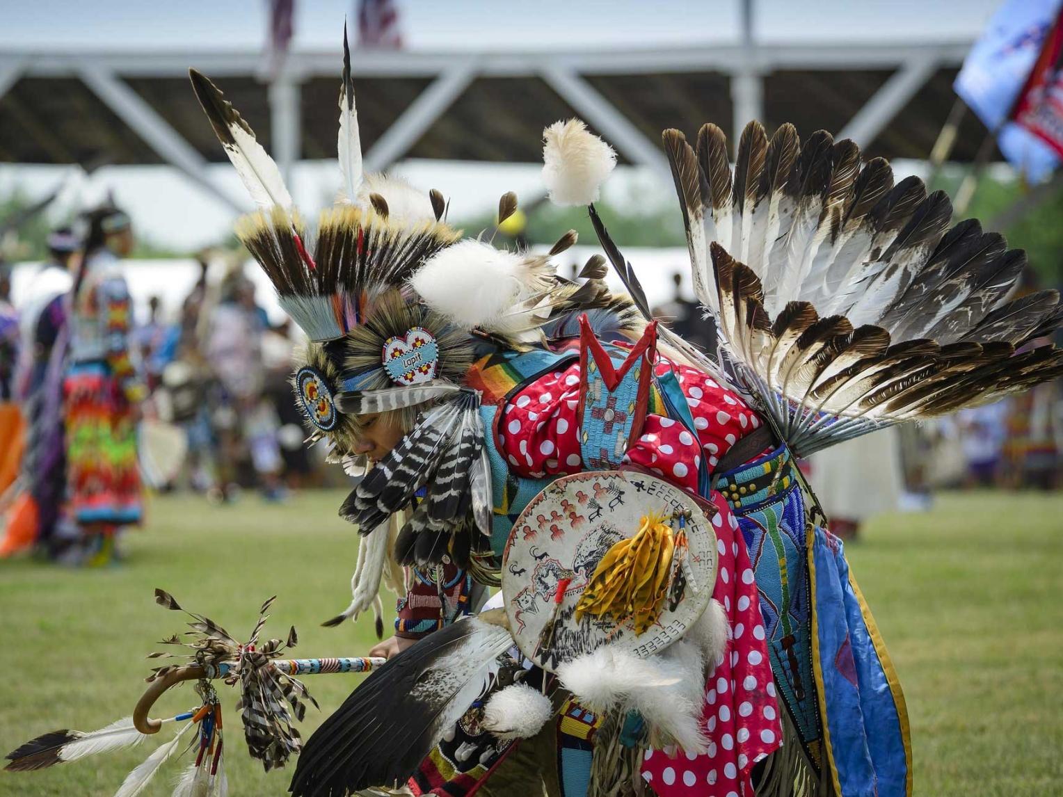 A Native dancer in traditional garb at the Sisseton Wahpeton Oyate Annual Wacipi. Agency Village, SD.