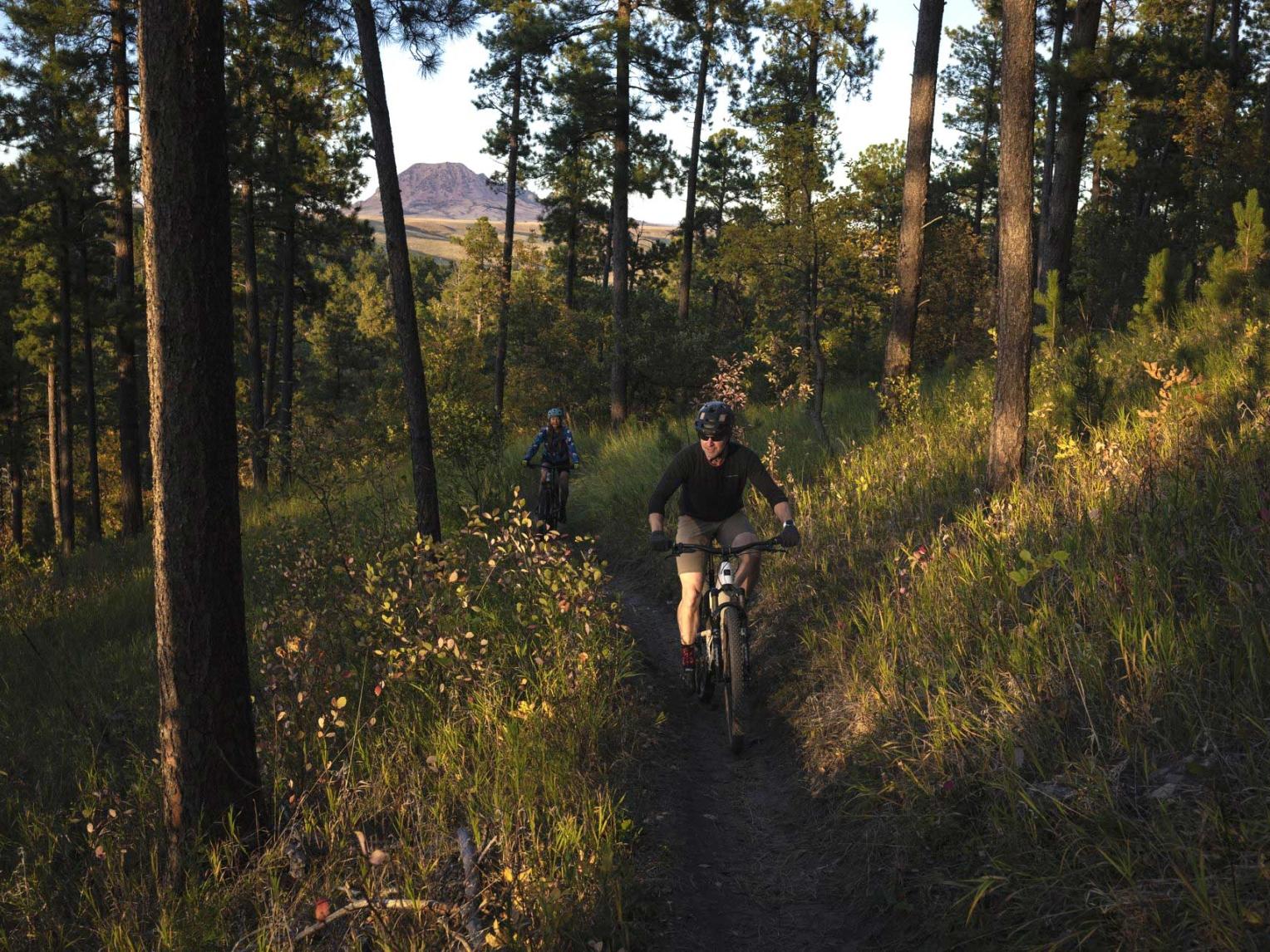 Two mountain bikers on a wooded trail near Sturgis, South Dakota, with Bear Butte in the background.