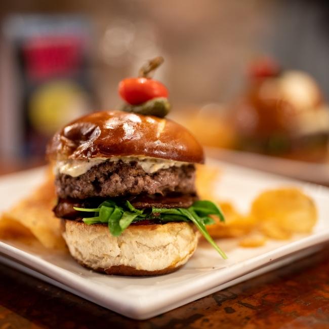 A delicious hamburger with chips at Crawford's in Sioux Falls