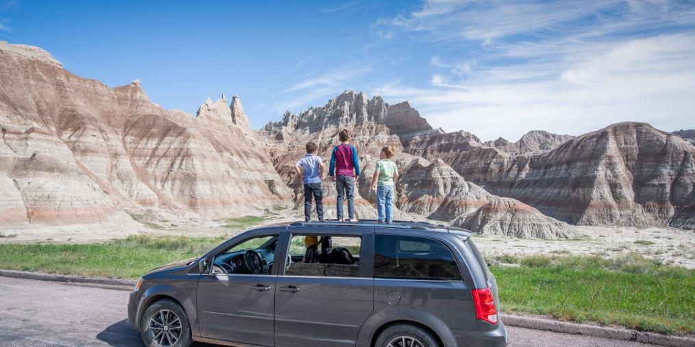 Kids on minivan Badlands Loop Scenic Byway