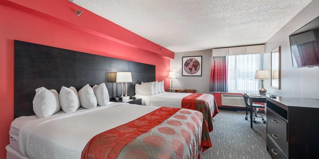 Spacious and modern guest room at the Ramada Sioux Falls in Sioux Falls, South Dakota.