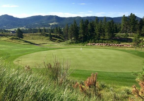 A green golf course sits in front of trees and the Black Hills