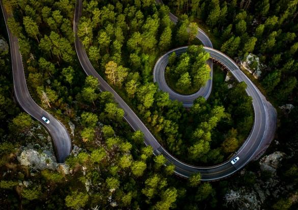 Aerial overhead view of cars winding through the lush Black Hills National Forest on Iron Mountain Road and the Pigtail Bridges in South Dakota.
