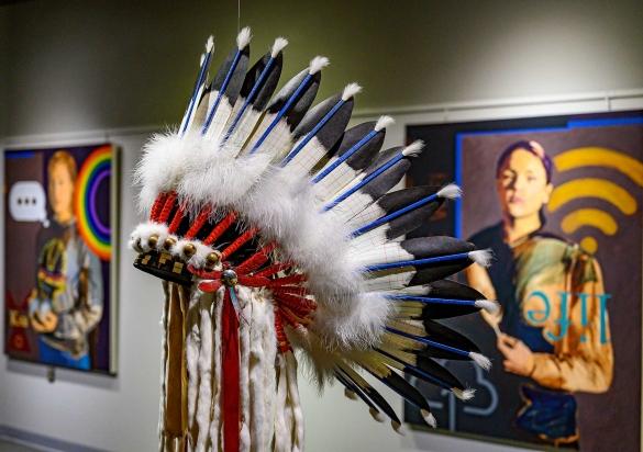 A Native headdress on display at Akta Lakota Museum & Cultural Center. Chamberlain, South Dakota.