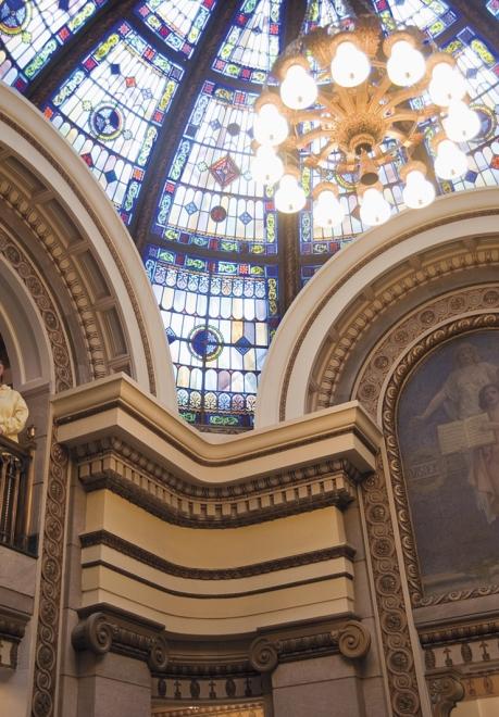 Beautiful stained glass adorns the ceiling of the Codington County courthouse.