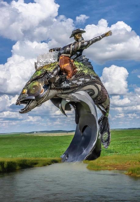 Walleye Up statue (cowboy riding a walleye fish)