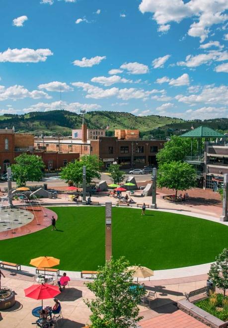 Aerial view of Main Street Square in the summer