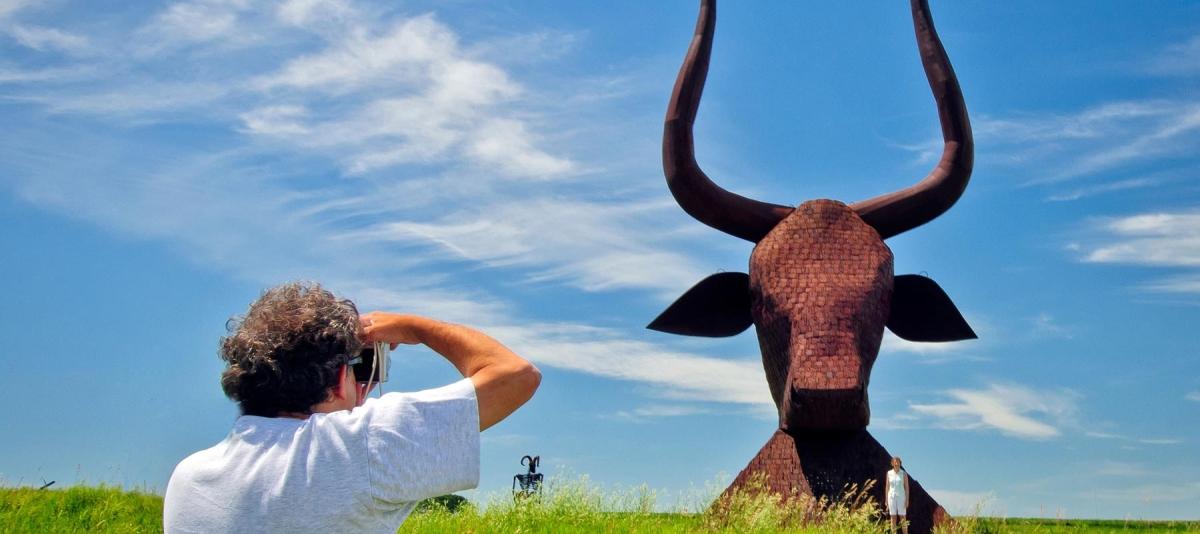 Visitor taking a picture at Porter Sculpture park