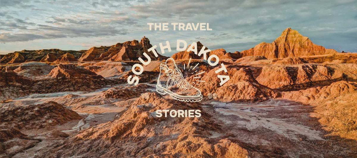 Badlands landscape with podcast logo overlay